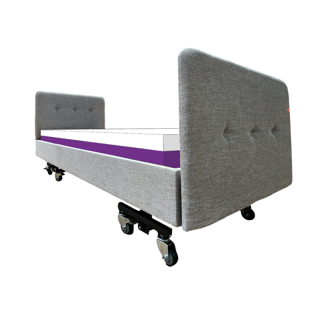 The iCare Medical Headboard and Footboards for iCare Beds offer a modern, adjustable look with grey upholstery and black wheels, paired with a stylish white and purple mattress against a crisp white backdrop.